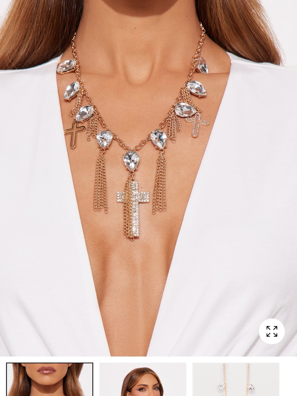 Fashion Nova Gold Crystal Cross Tassel Necklace